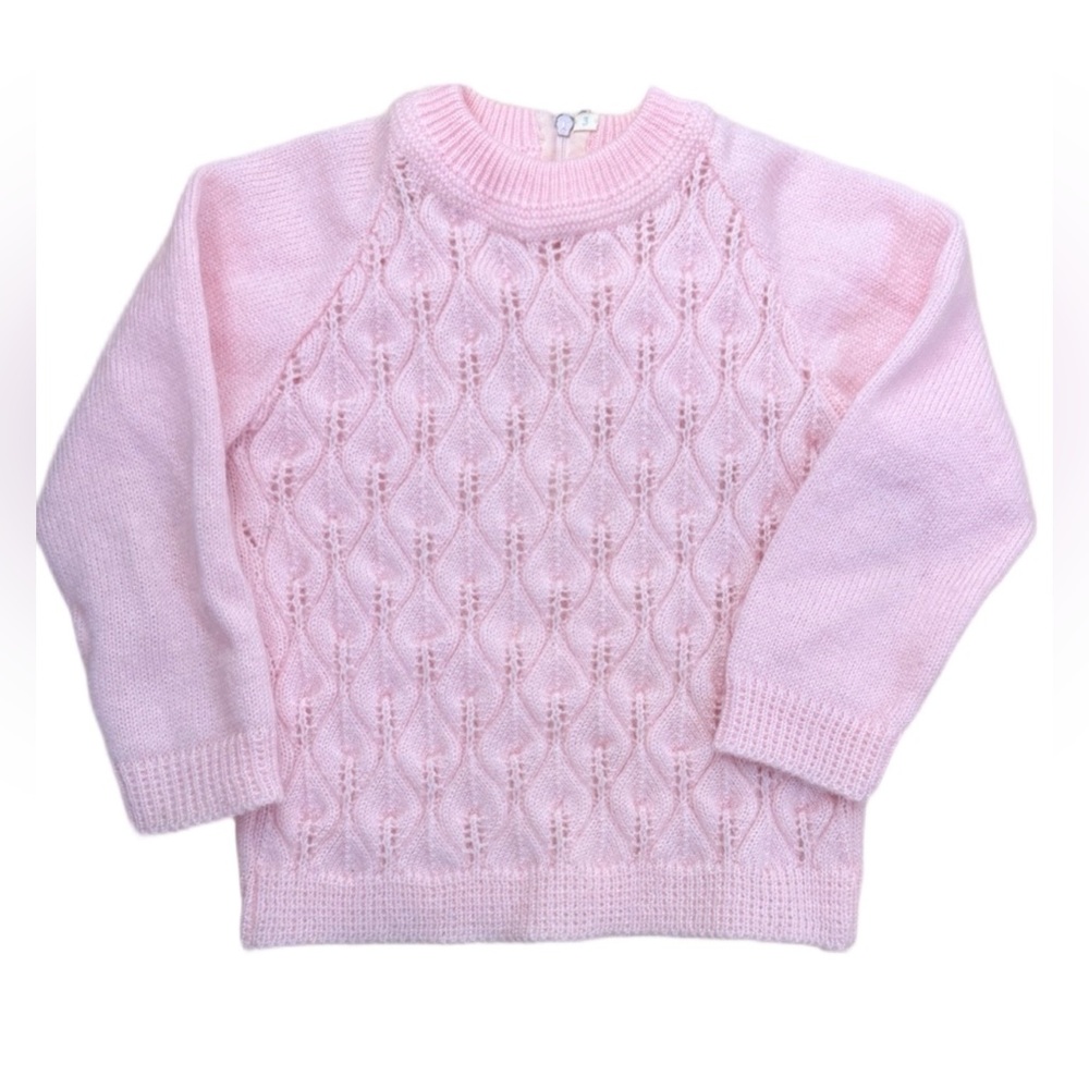 Vintage Pink Cable Knit Sweater Girls Size 3T Cottagecore Grandma Chic Soft